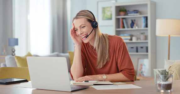 Contact us, laptop and happy telemarketing woman in crm customer service, virtual online support or digital manage in house. Call center consultant, agent or business remote worker in home office