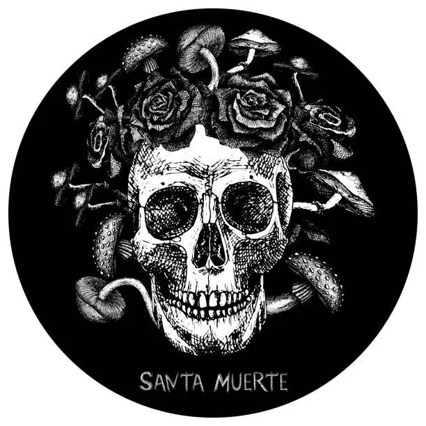 Vector illustration of Illustration for the holiday of Santa Muerte. Black and white skull with roses and mushrooms