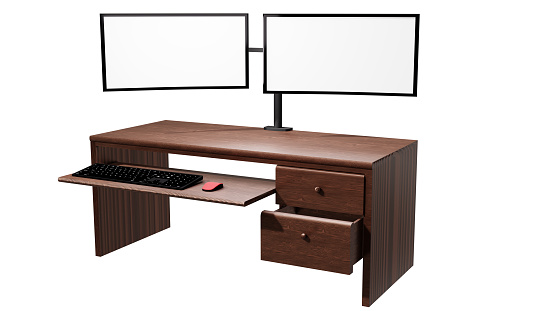 Office desk, computer desk with wood grain surface, with drawers and slides for keyboard and mouse placement. Dual screen computer desk. Isolated white background with clipping path. 3D Rendering