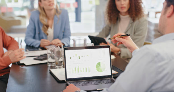 Digital marketing, business meeting and people with analytics report, charts and graph data for finance, commerce and profit progress. Corporate manager on laptop screen talking of financial strategy