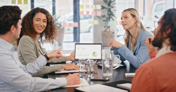 istock Team in marketing, digital tablet and graph data on desk while planning operations. Corporate meeting on advertising growth with charts online with workers plan, tech and discuss big data strategy 1437684257