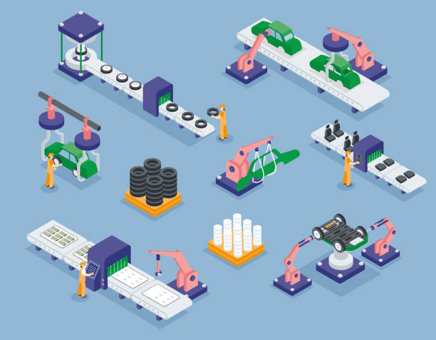 Electric Car Factory Isometric Vector Car Factory, auto production. Production of electric vehicles. Isometric vector illustration. car plant stock illustrations