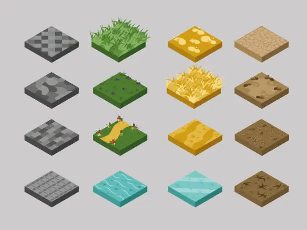 Vector illustration of Blocks of Different Soil Isometric Elements For Landscape