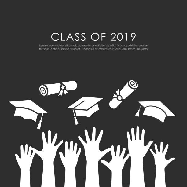 ilustraciones, imágenes clip art, dibujos animados e iconos de stock de los estudiantes levantaron las manos y la tarjeta vectorial de graduación - school year