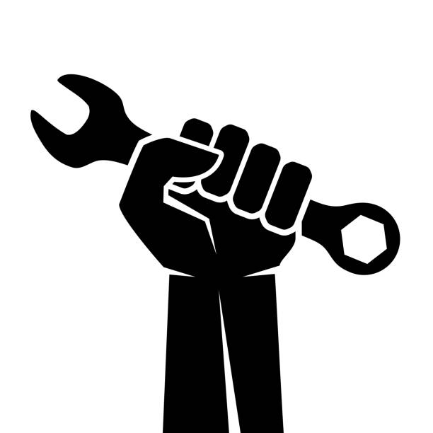 Worker raised hand with wrench, vector industry icon Worker hand with wrench vector icon isolated on white background hand wrench stock illustrations