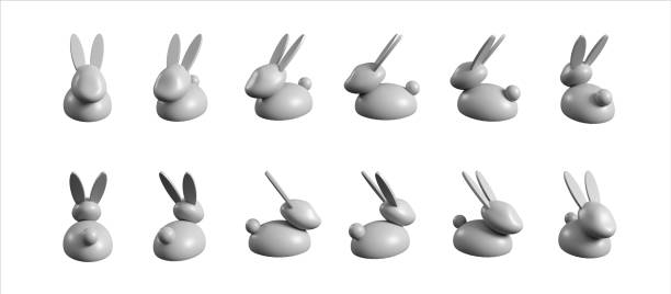 istock 3d porcelain rabbit character position set for animation. Abstract isolated bunny character from different angles. Realistic rabbit figurine render for Chinese New Year or Easter holidays. 1437687004
