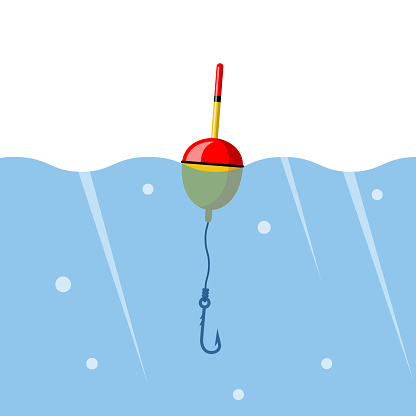 Float and hook in water. Fishing float. Buoy floating on water. Colorful bobber float icon. Wavy water. Fishing template. Vector illustration flat design.