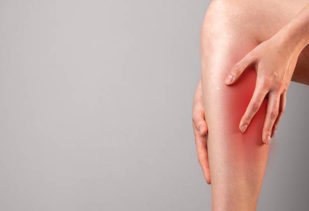 istock Shin ache, hurt, muscle spasm on banner with space for text 1437691634