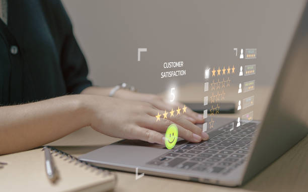 istock Client woman give five star rating to service experience on computer. Customer opinion evaluate, quality of services to reputation and business success. Customer review satisfaction survey concept. 1437691772