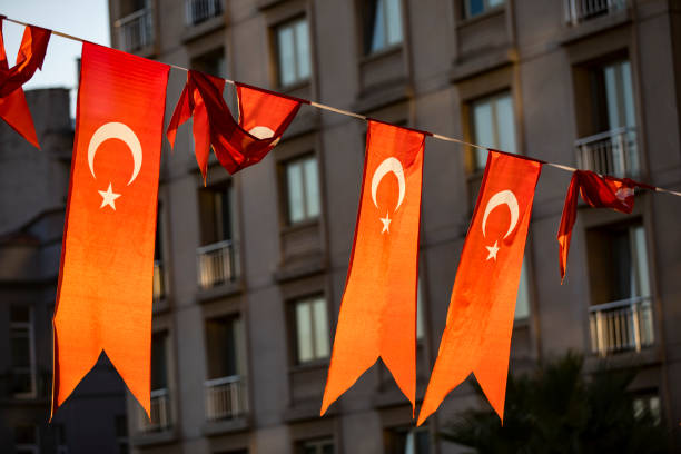 Turkish Flags Hanging Above a Street in Istanbul.
