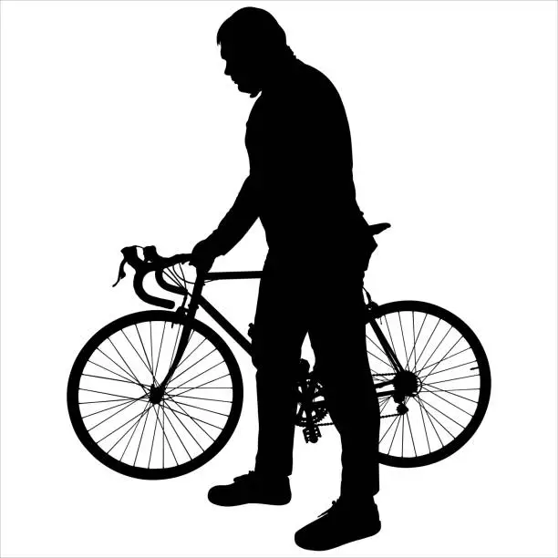 Vector illustration of A man stands next to a bicycle, holding the bicycle by the handlebars. A young guy is cycling. Sport. Workout. Cycling. Side view, profile. Black male silhouette isolated on white background