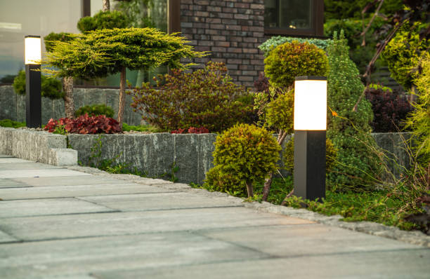 istock Outdoor Garden Lights Along Concrete Walkway 1437695978