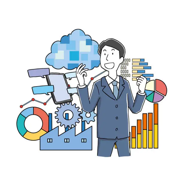 Vector illustration of Male office worker and factory and graph data
