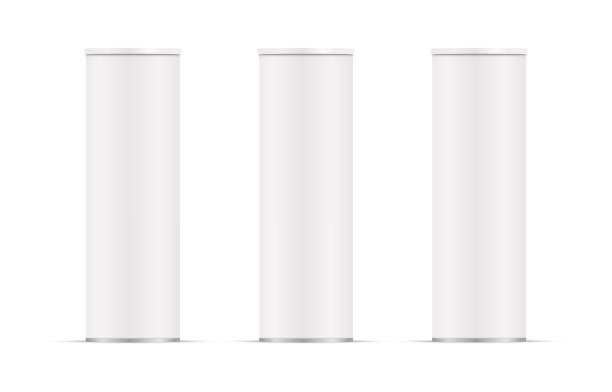 реалистичный набор пустых цилиндрических трубок. белая матовая бумажная картонная коробка с пластиковой крышкой. упаковка с тенью - cylinder box packaging three dimensional shape stock illustrations