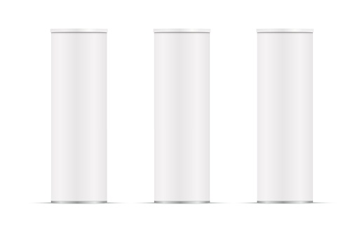 Realistic blank cylinder tube set. White matte paper cardboard box with plastic lid. Packaging with shadow. Mockup template design for snack and chips products. Vector 3d illustration