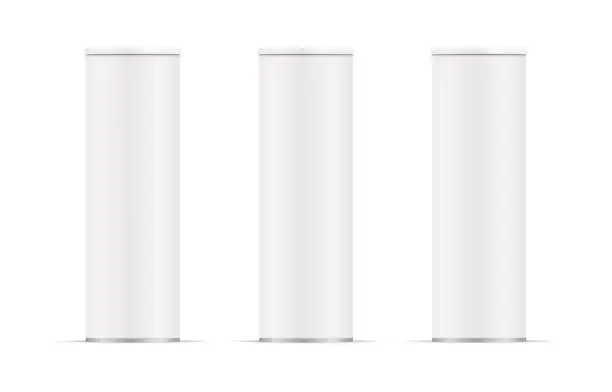 Vector illustration of Realistic blank cylinder tube set. White matte paper cardboard box with plastic lid. Packaging with shadow