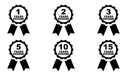 1, 2, 3, 5, 10, 15 years lifetime warranty vector icons set. Guarantee badge for product. Service guarantee labels.
