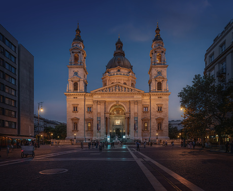 Budapest, Hungary - Oct 20, 2019: St. Stephen's Basilica at night - Budapest, Hungary