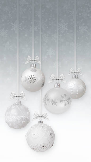 istock Merry Christmas decorative balls with silver shiny ribbons bows and glitter patterns, hanging on white background of blurred lights and snow. Gift greeting card ticket or promotional banner template. 1437697980