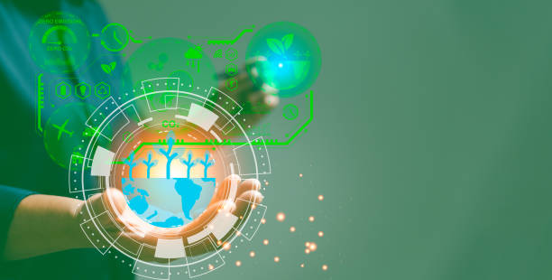 istock Businesswoman working virtual modern computer to reduce CO2 emissions carbon footprint climate change to limit global warming. Sustainable development and innovation green business concept. 1437699164