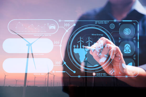Businesswoman working virtual modern computer to reduce CO2 emissions carbon footprint climate change to limit global warming. Sustainable development and innovation green business concept.