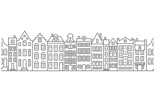 European houses seamless border. Amsterdam buildings row pattern. Street of the city in outline style. Vintage architecture landscape. Vector panorama.