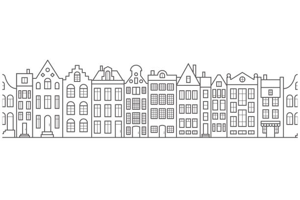 european houses seamless border. amsterdam buildings row pattern. street of the city in outline style. vintage architecture landscape. vector panorama - 成排房屋 幅插畫檔、美工圖案、卡通及圖標