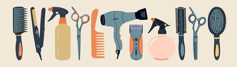 Set of hairdressing accessories. Hairdryer, hairbrush, razor, scissors and different professional tools for barbershop. Hand drawn colored vector illustration isolated on color background.