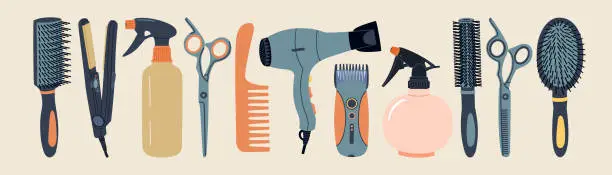Vector illustration of Set of hairdressing accessories. Hairdryer, hairbrush, razor, scissors and different professional tools for barbershop