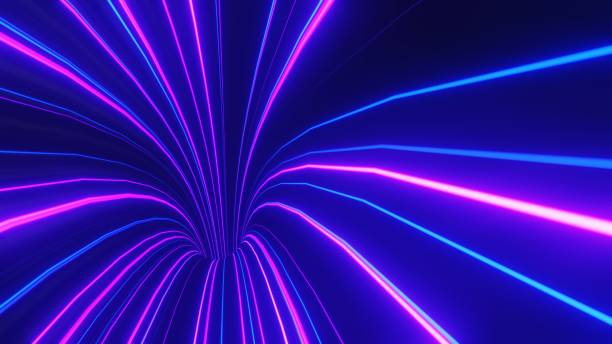 istock Abstract colorful neon glowing light background. Speed light illuminated. Florescent on the dark scene. Curvy moving line shape. 3D render. 1437702275