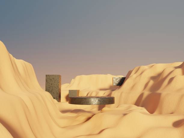 istock Abstract Dune cliff sand with metallic Podium stand platform. Surreal Desert natural landscape background. Scene of Desert with glossy metallic arches geometric design. 3D Render. 1437703077