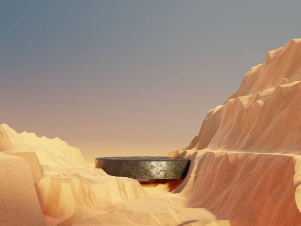 istock Abstract Dune cliff sand with metallic Podium stand platform. Surreal Desert natural landscape background. Scene of Desert with glossy metallic arches geometric design. 3D Render. 1437703083