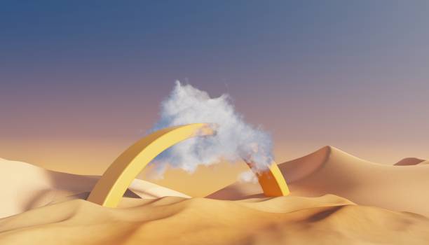 istock Abstract Dune cliff sand with metallic Podium stand platform. Surreal Desert natural landscape background. Scene of Desert with glossy metallic arches geometric design. 3D Render. 1437703174