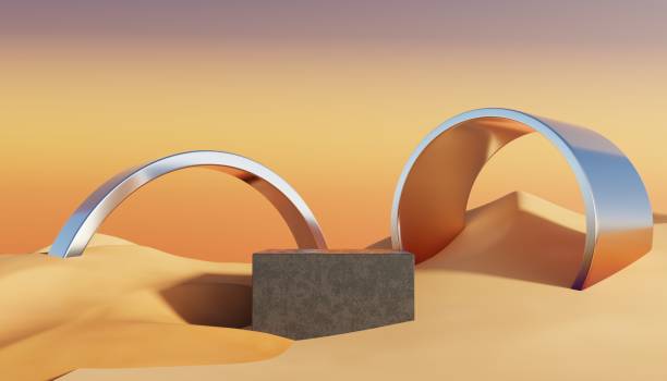 istock Abstract Dune cliff sand with metallic Podium stand platform. Surreal Desert natural landscape background. Scene of Desert with glossy metallic arches geometric design. 3D Render. 1437703191