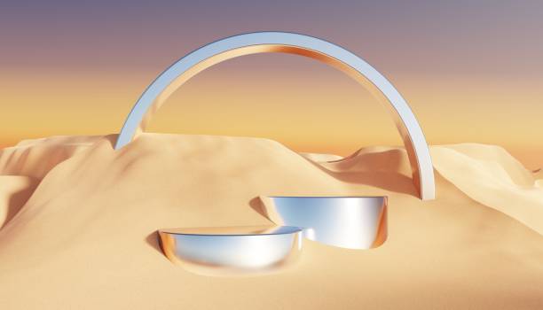 istock Abstract Dune cliff sand with metallic Podium stand platform. Surreal Desert natural landscape background. Scene of Desert with glossy metallic arches geometric design. 3D Render. 1437703192