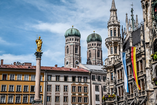 Marian Column In Front Of New City Hall And Frauenkirche In Munich, Germany