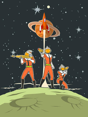 A retro style vector illustration of a trio retro futuristic space astronaut soldiers pointing laser guns with outer space in the background. Wide space available for your copy.