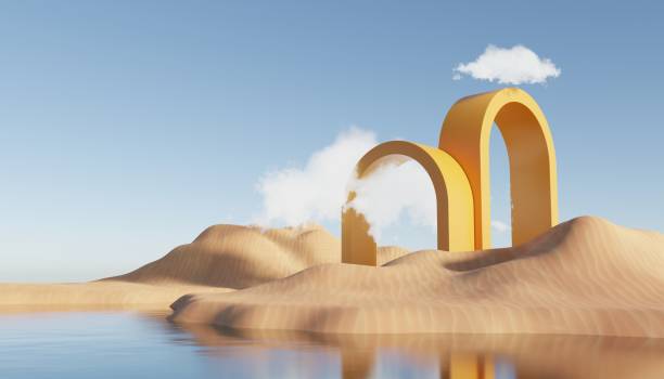 istock Abstract Dune cliff sand with metallic Podium stand platform. Surreal Desert natural landscape background. Scene of Desert with glossy metallic arches geometric design. 3D Render. 1437703379