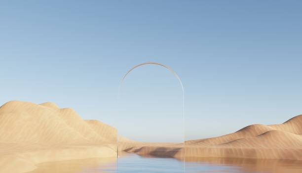 istock Abstract Dune cliff sand with metallic Podium stand platform. Surreal Desert natural landscape background. Scene of Desert with glossy metallic arches geometric design. 3D Render. 1437703408