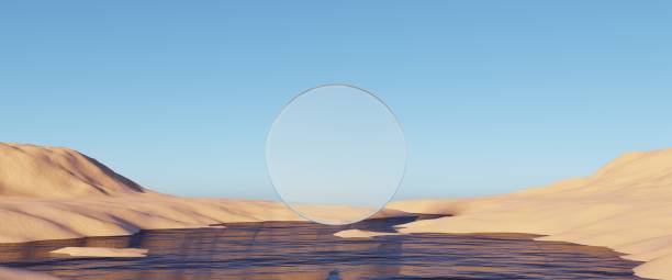 istock Abstract Dune cliff sand with metallic Podium stand platform. Surreal Desert natural landscape background. Scene of Desert with glossy metallic arches geometric design. 3D Render. 1437703559