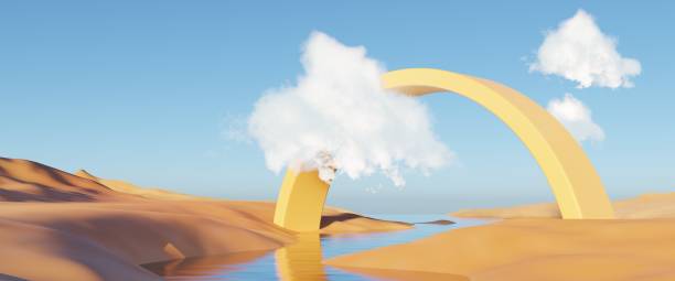 istock Abstract Dune cliff sand with metallic Podium stand platform. Surreal Desert natural landscape background. Scene of Desert with glossy metallic arches geometric design. 3D Render. 1437703566