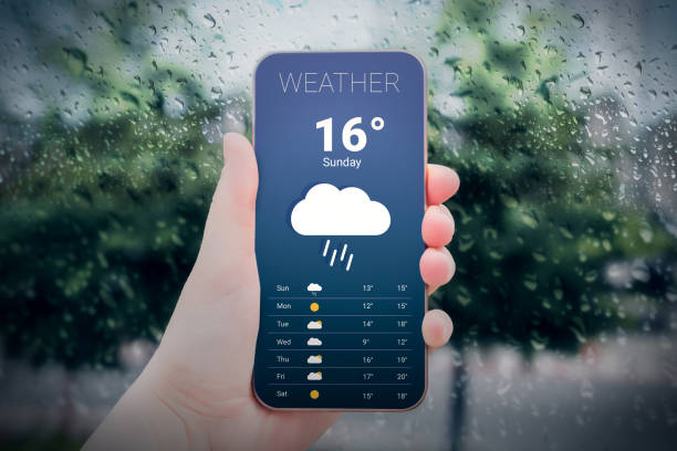 istock rainy weather forecast mobile application for smartphone on a trees background 1437703574