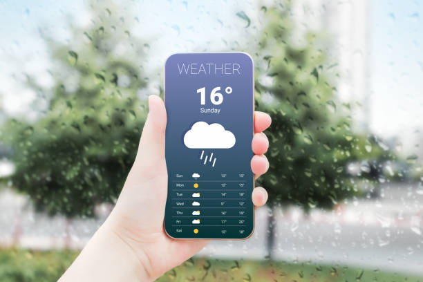 istock rainy weather forecast mobile application for smartphone on a trees background 1437703576