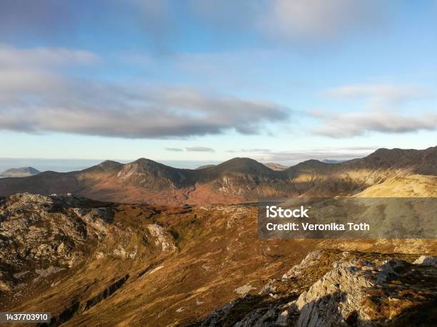 Panorama Of Sunset Over The Twelve Bens Mountain Range From The Benlettery Stock Photo - Download Image Now