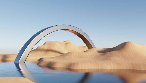 istock Abstract Dune cliff sand with metallic Podium stand platform. Surreal Desert natural landscape background. Scene of Desert with glossy metallic arches geometric design. 3D Render. 1437703944