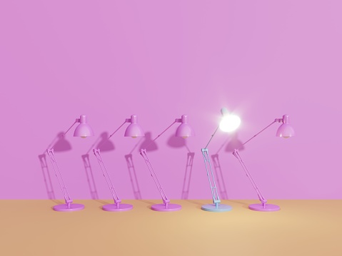 Glowing electric lamp between the other pink colored lamps, symbolizing big ideas, innovation concepts. (3d render)