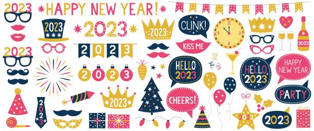 New Year 2023 vector party props set New Year 2023 vector party props set 2023 photos stock illustrations