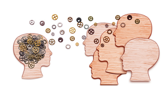 Teamwork and Leadership education symbol concept. Human heads shaped with gears brain idea made of woods working together as team in working partnership on white background.