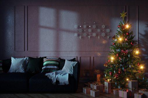 Modern living room with christmas tree, gift boxes and black colored sofa front of pink wall, night scene. ( 3d render)