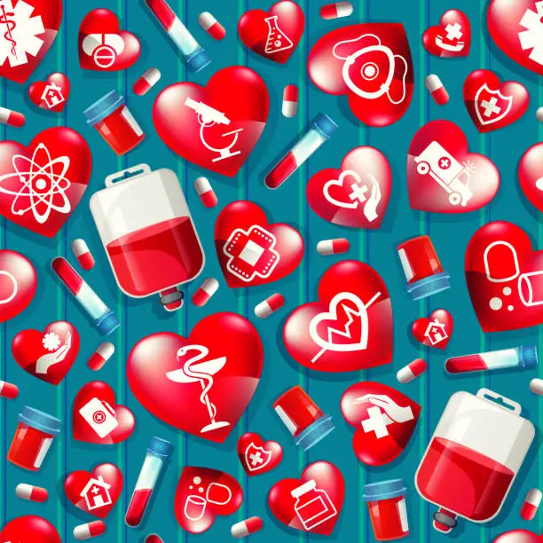Vector illustration of Medicine and cardiology concept in cartoon style. Seamless medical background. Heart with medical icons and medical items on a colorful abstract background.